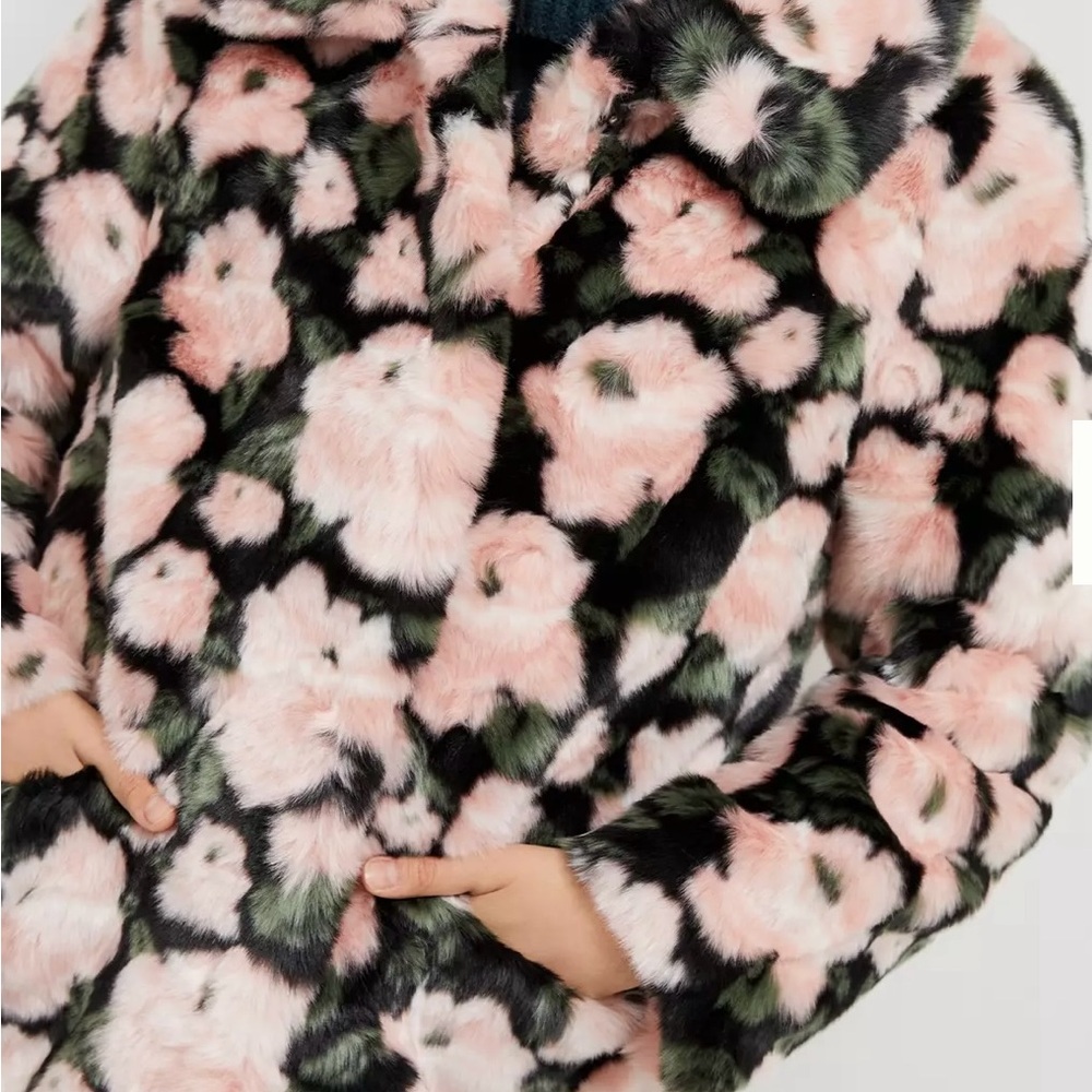 Anthropologie Jakke floral furry fuzzy Tilly Faux Fur Coat size 6/ medium - Picture 4 of 12